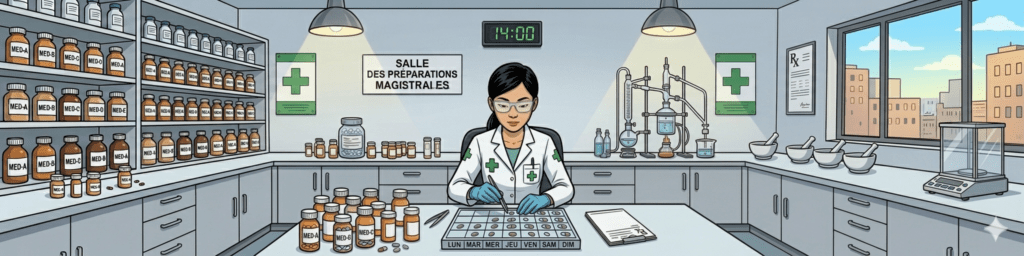 la pharmacienne prepare un pilulier