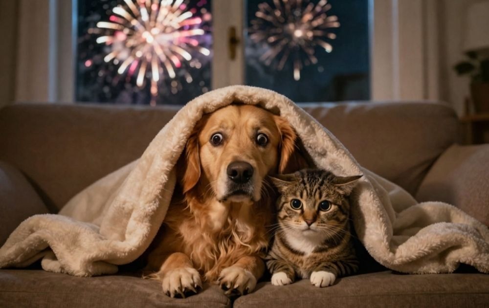 chien et chat ont peur des feux d'artifice